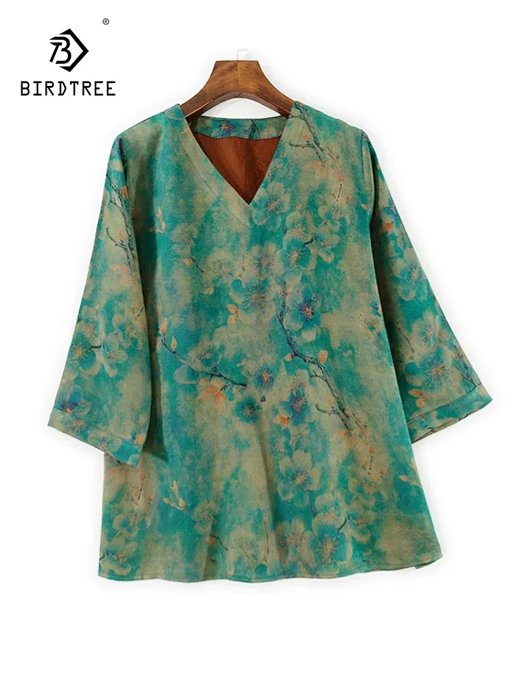 

BirdTree- 32MM Silk Watered Gauze Elegant T-Shirt, Women Half Sleeve Jacquard, Retro Commute Loose Top, 2025 Autumn T59360CC