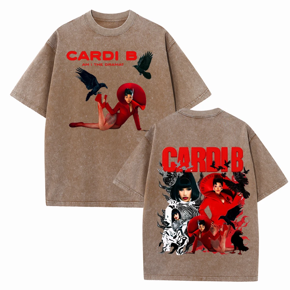 ألبوم جديد Cardi B Am I The Drama غسلها تي شيرت رجل امرأة خمر س الرقبة قصيرة الأكمام تي شيرتات قطن