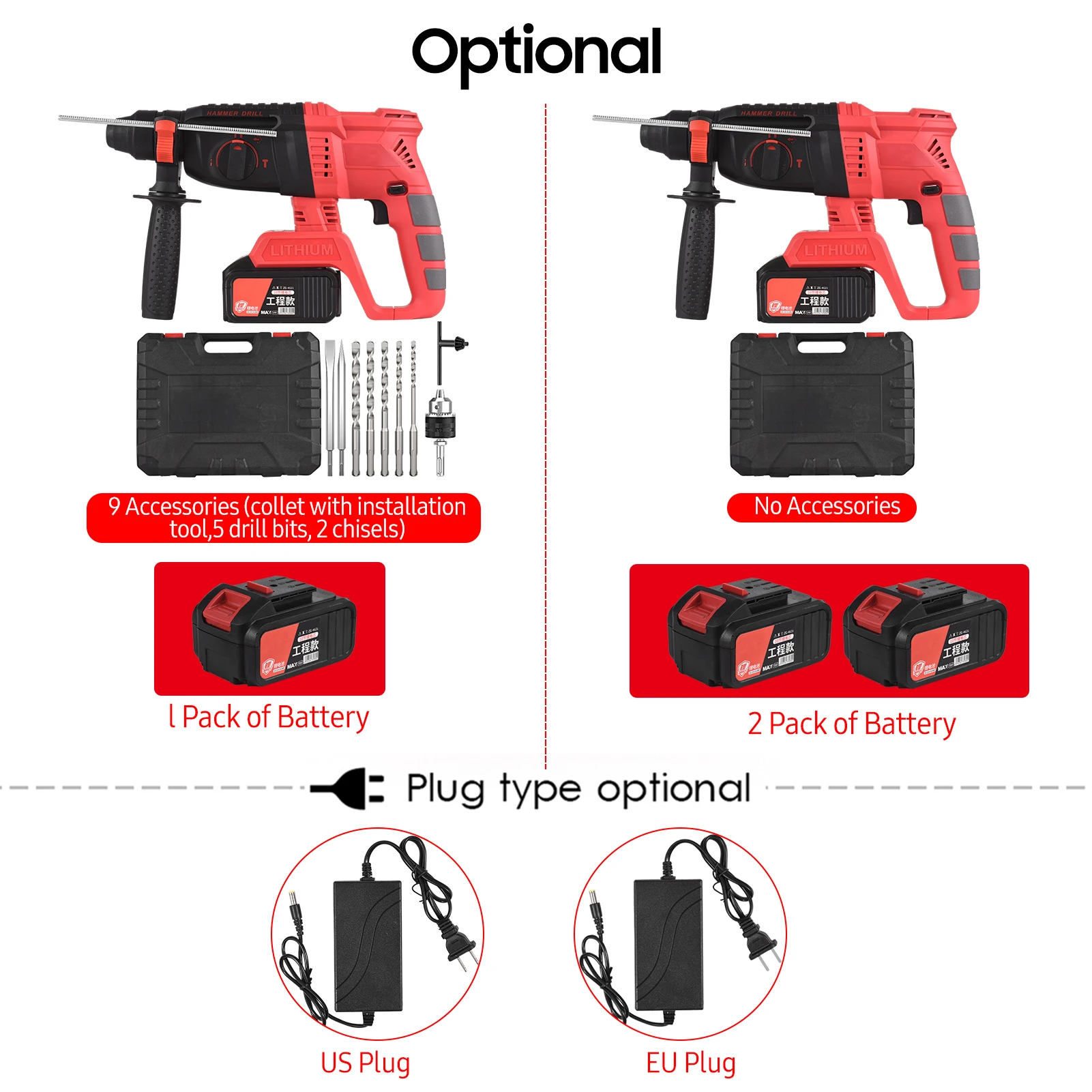 21V Cordless Brushless Rotary Hammer Drill with Carry Box 3 in 1 Hammers Electric Breaker Drill with Adjustable Auxiliary Handle