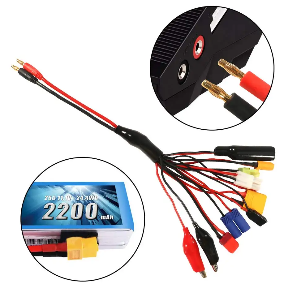 Adaptador Cargador Lipo 10 En 1 Con Conectores XT60H, XT90, EC3, EC5, JST Y Futaba – Cable Divisor Para Baterías RC, Negro/rojo, 320 Mm, Silicona Flexible