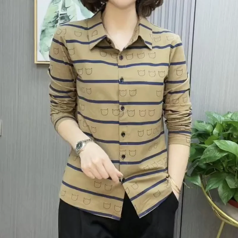 

Women's Long-sleeved 2025 Autumn New Style Stitched POLO Collar Button Fashion Striped Printed Shirt Top
