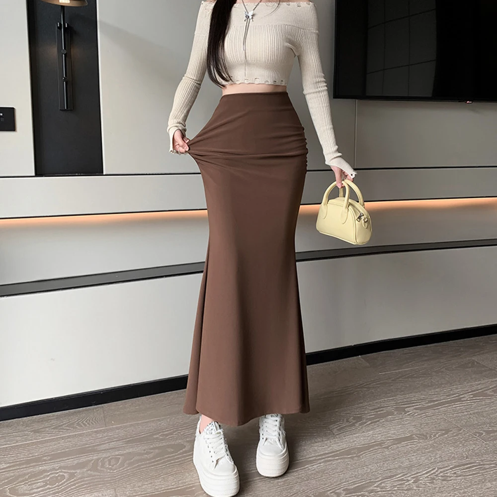 Elegant Long Mermaid Skirts Women Chic Folds Stretch Wrap Hips Black Coffee Casual Skirts Korean Style Office Lady Slim Skirts