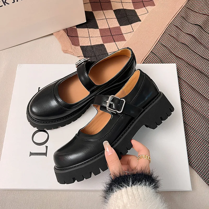 

MKKHOU Fashion Women Shoes New High Quality True Leather Round Head Belt Buckle Thick Sole Mary Jane Shoes Modern Leather Shoes