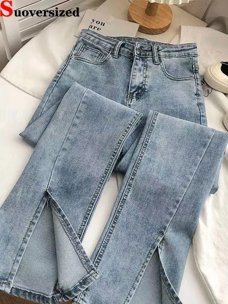 

Korean Fashion Split Flare Jeans Women 92-97cm Slim Denim Pants Spring Summer Trendy Bell-Bottom Vaqueros New High Waist Spodnie