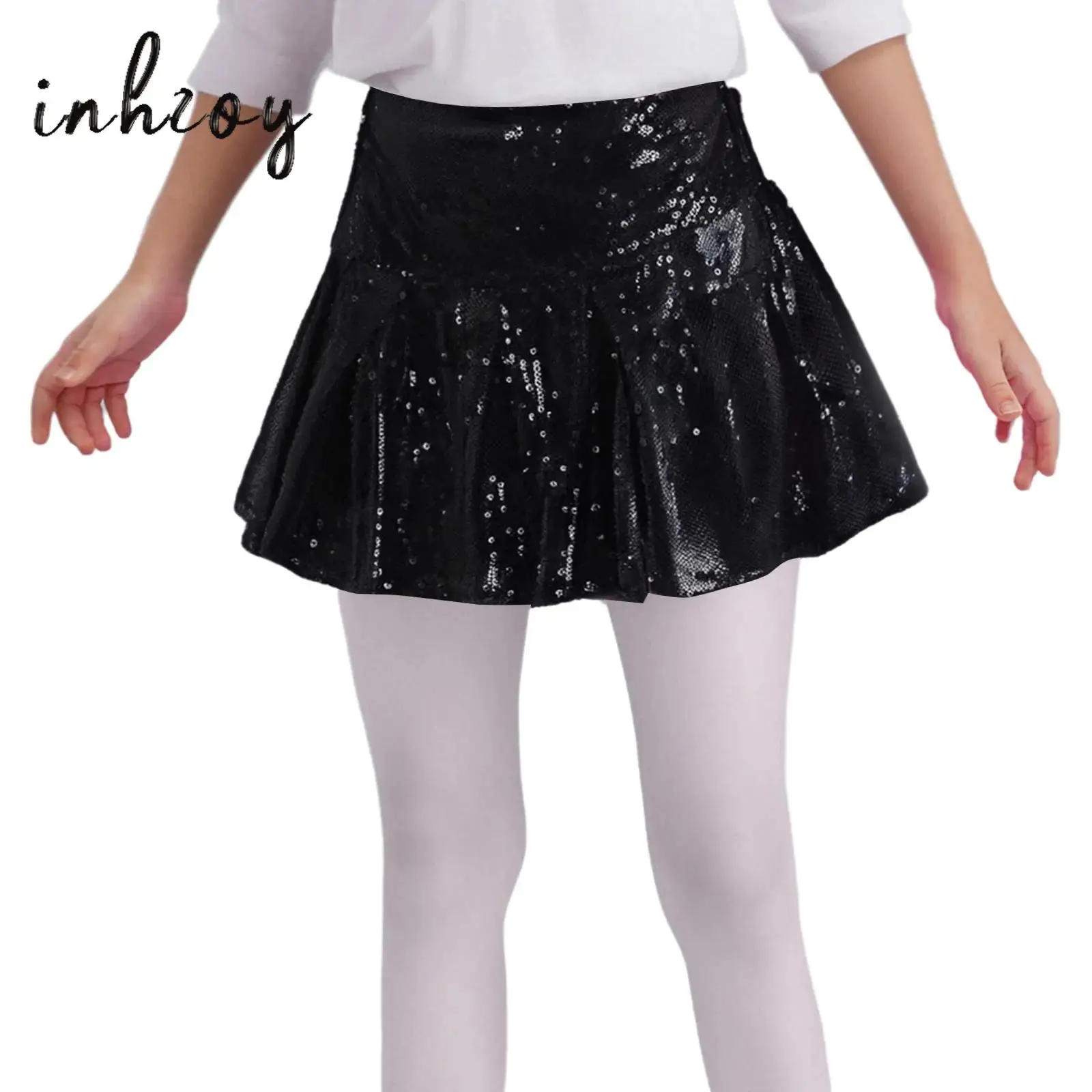 Girls Jazz Ballet Dance Skirt Sparkling Sequins Elastic Waist Skirt with Built-in Shorts for Birthday Party Dance Performance