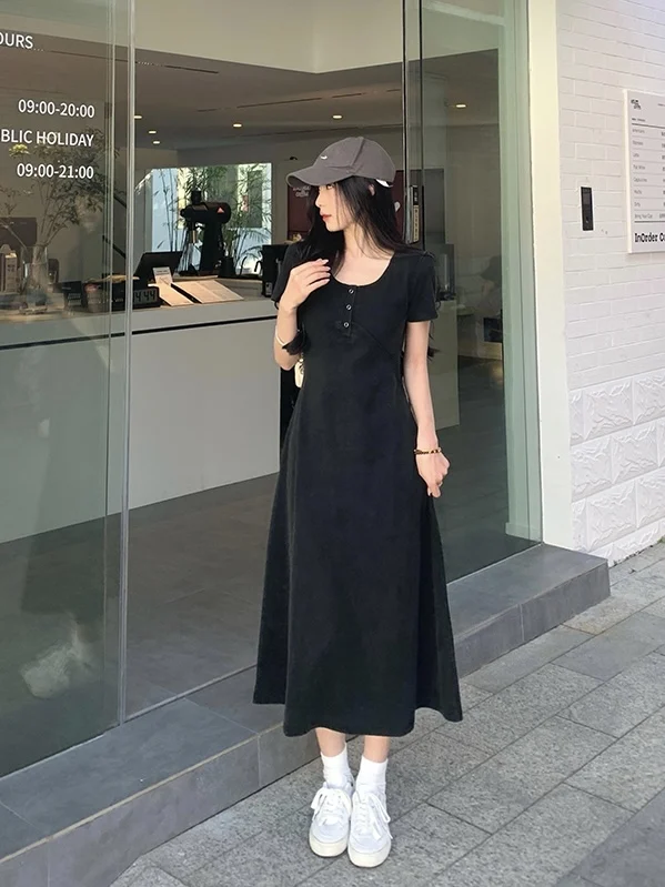 

plus Size Casual Short Sleeve Dress Square Collar Waist Cinched Slimming Knee-Length A-Line Skirt Korean Style Summer Dress