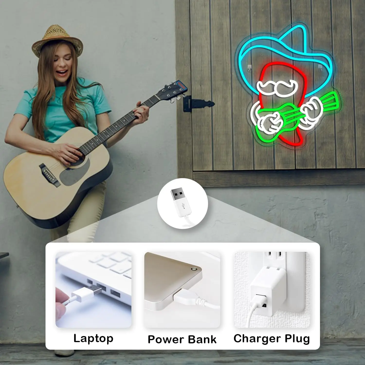 Sombrero de vaquero Chili guitarra letrero de neón USB regulable Anime pimienta luz Led para sala de juegos decoración del hogar dormitorio regalo personalizado