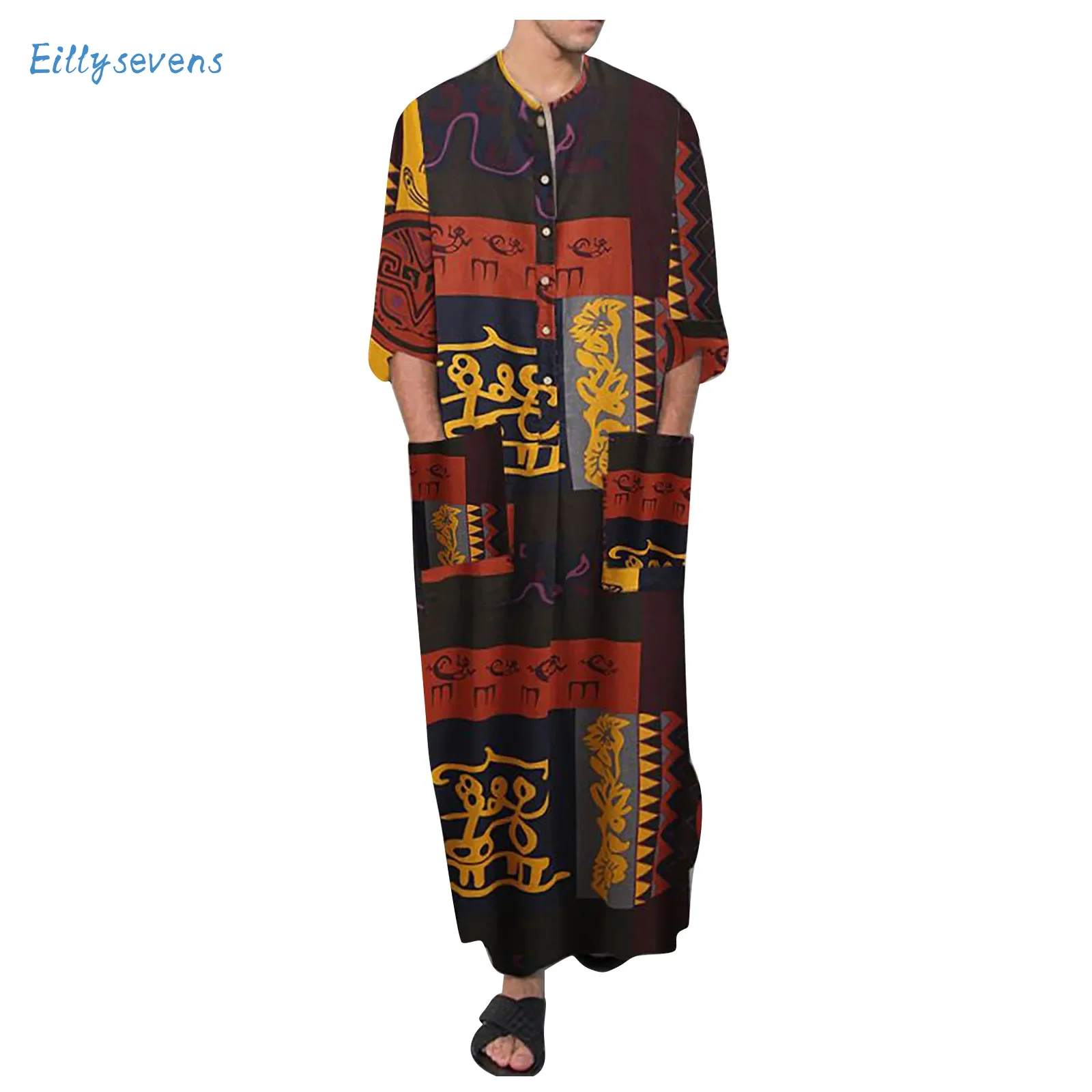 Heren Midden Islamitische Kleding Saudi Arabische Trend Retro Patroon Lange Mouw Gewaad Dagelijks All-Match Ramadan Moslim Jurk Gewaad