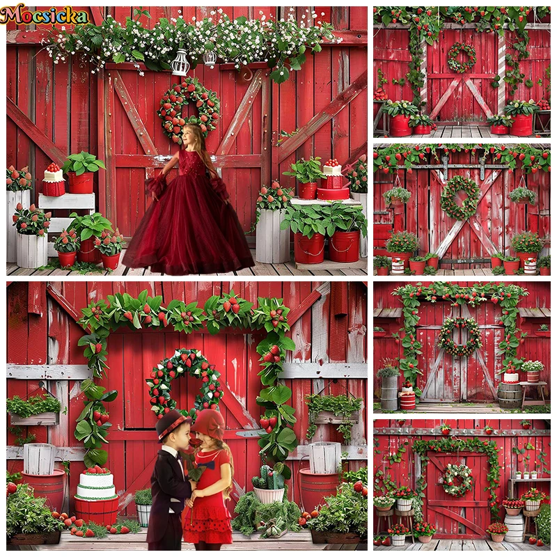 

Red Wooden Door Photography Background Strawberry Potted Green Plant Wall Birthday Wedding Backdrop Child Portrait Photo Studio