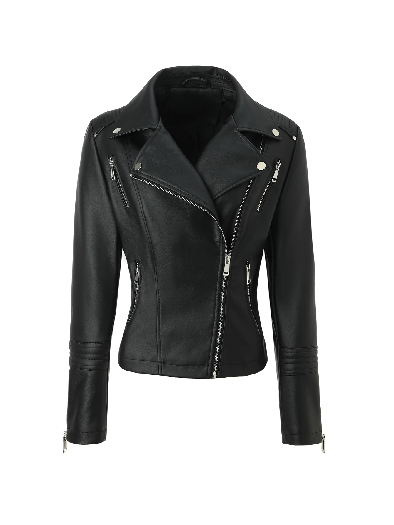 

Women's Black Pu Leather Biker Jacket - Vegan Faux Motorcycle Coat with Lapel Collar & Zipper, 3-Season Outerwear ⚡