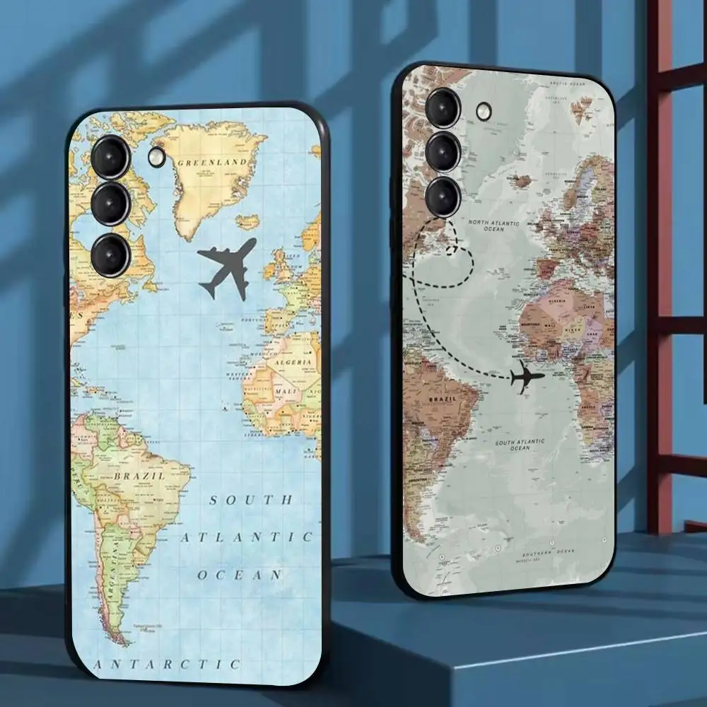 

Airplane Map Phone Case For Samsung Galaxy A73,72,51,53,52,71,22,5G,Note,J7,8,9 Soft Black Cover