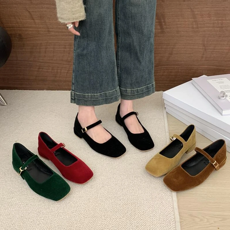 French Style Women Vintage Flats Velvet Square Toe Mary Janes Casual Shoes Comfort Loafers Shoes 2024 Ballerina Flats