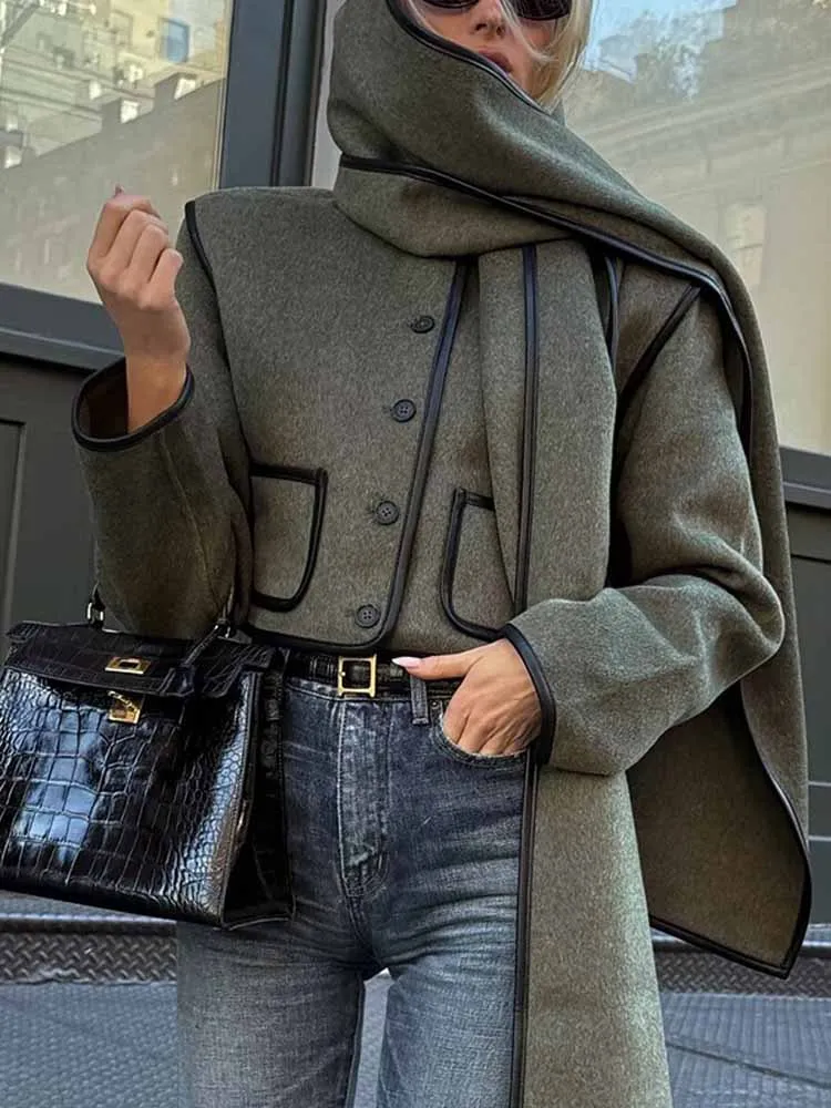 

MCDV Chic Scarf Collar Women's Jackets Vintage Long Sleeve Single-breasted Pockets Woolen Coat Autumn Winter Warm Street Outwear