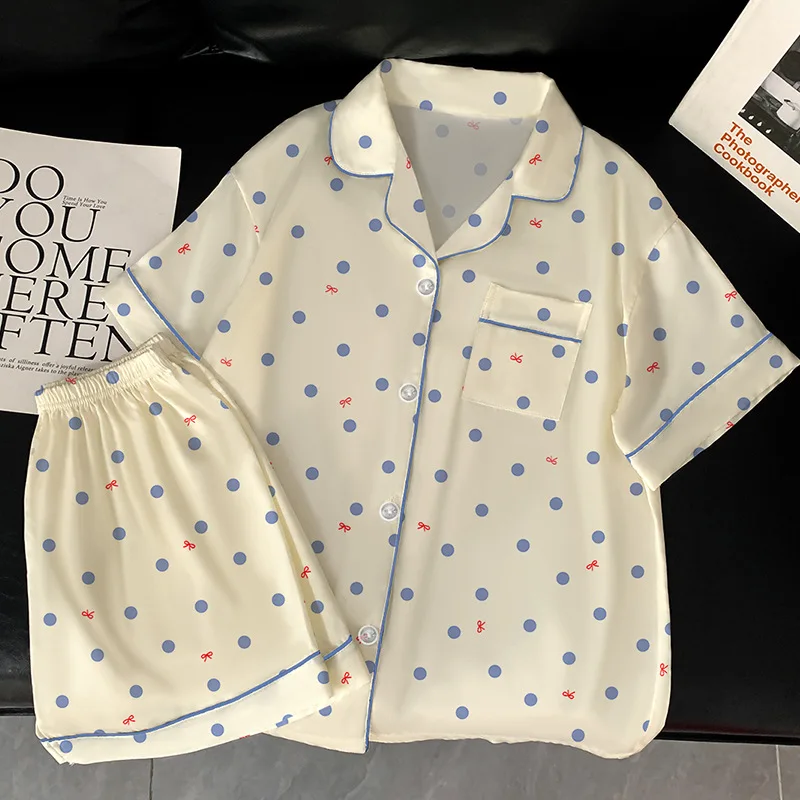 Pyjama d'été Simple et confortable à manches courtes pour femmes, ensemble de costume de maison léger de luxe à pois en soie glacée et Satin frais, nouvelle collection