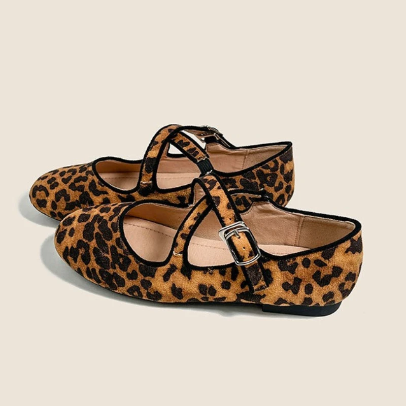 Women Leopard Flats Cross Buckle Strap Round Toe Casual Shoes Daily Outdoor Office Shoes Pregnant Mother Shoes Sz35-43