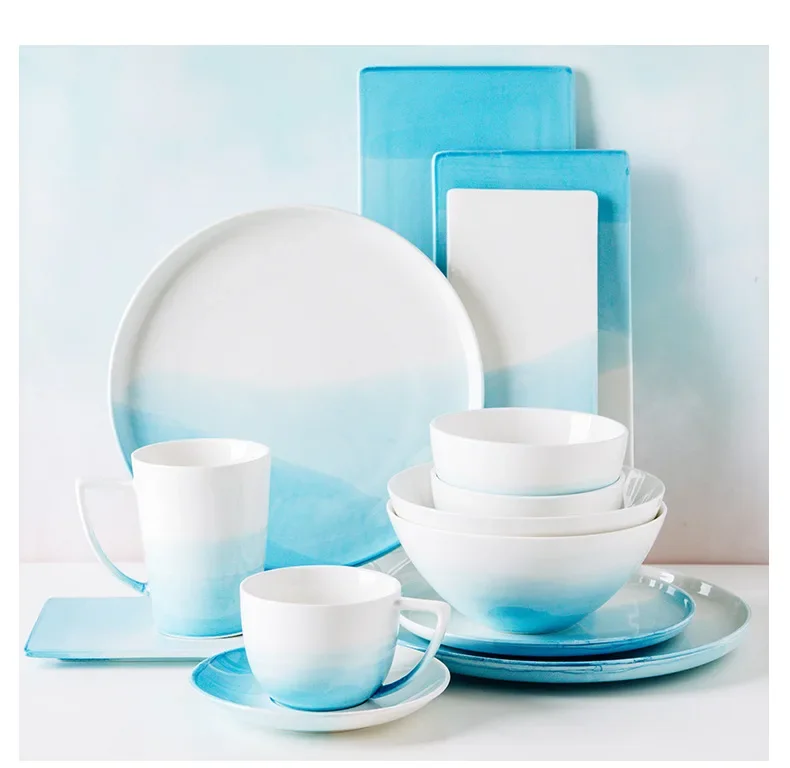 Nordic Gradient Blue Color Ceramic Plate Bowl Cup Set Fruit Dish Dessert Plate Creative Tray Flat Tableware Set for Food Dishes