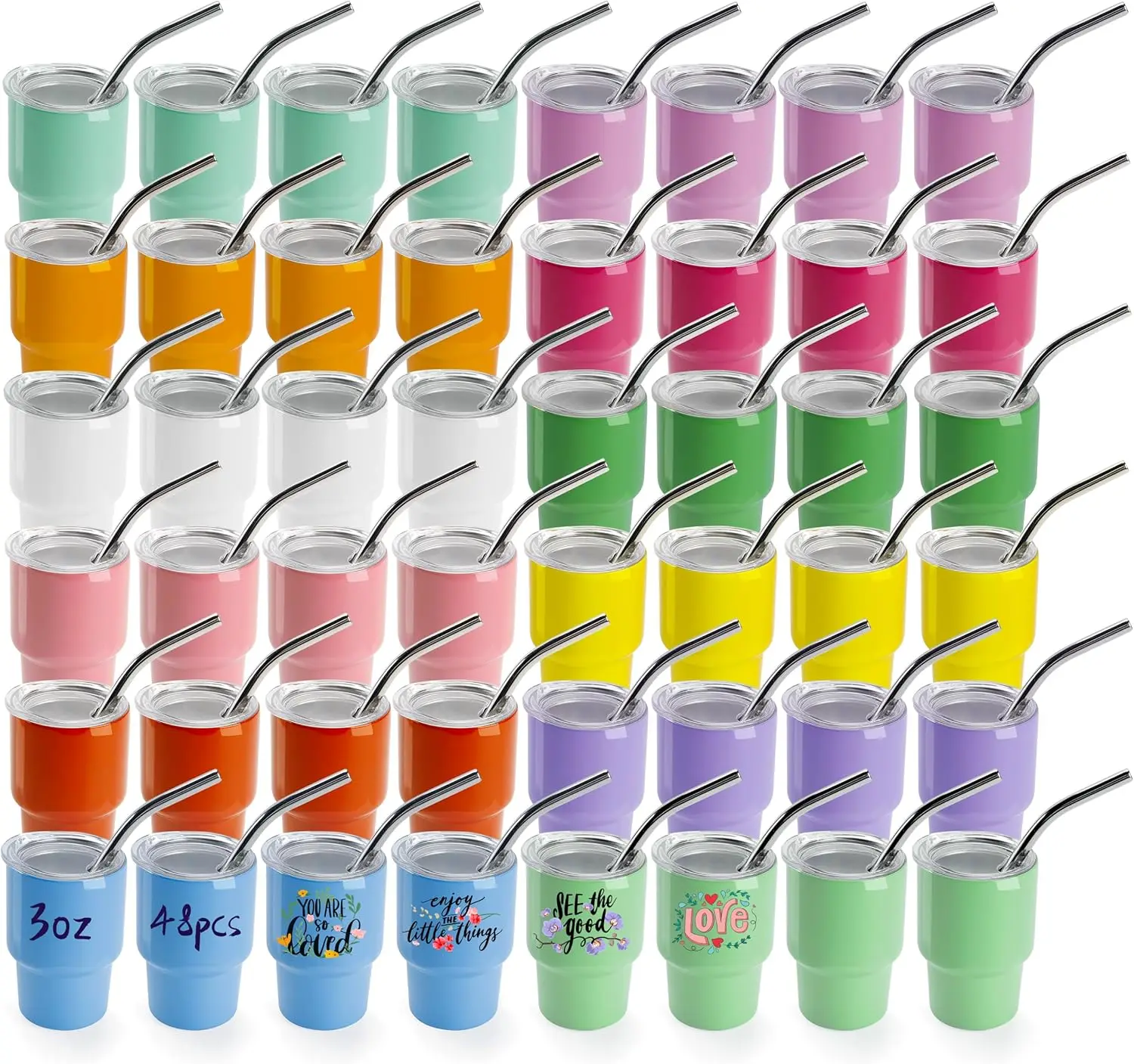 48 Pack 3 Oz Mini Tumbler Shot Glass with Straw and Lid Sublimation Tumblers Stainless Steel Cute Tumbler Blanks Mixed Colors