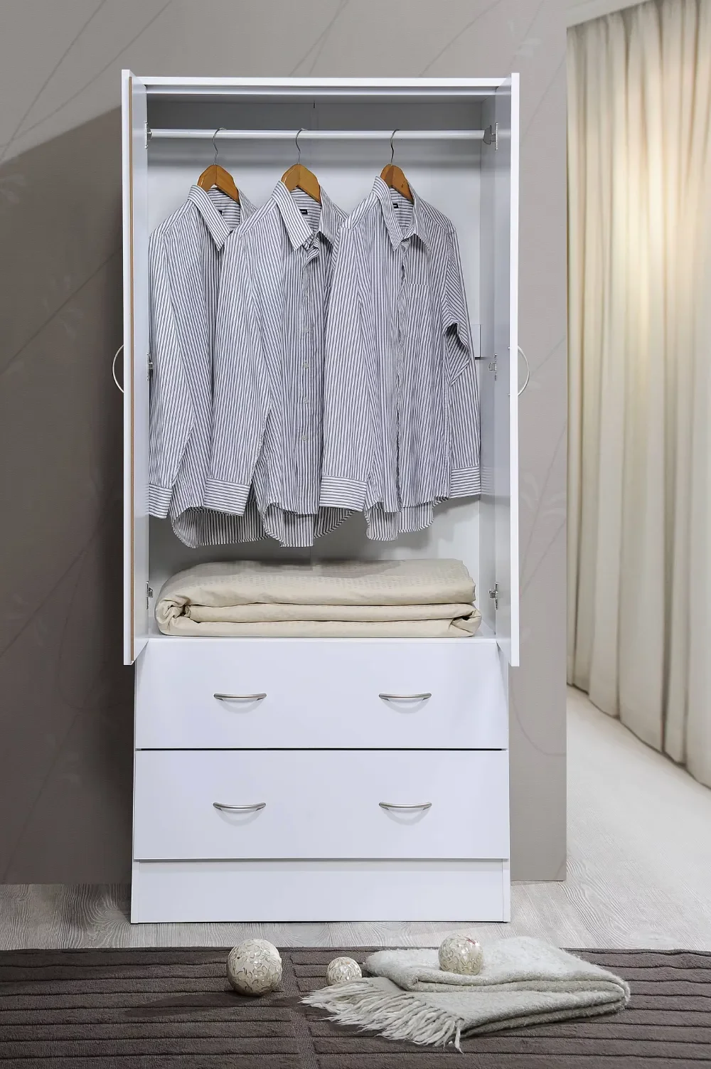 Two Door Wardrobe with Two Drawers and Hanging Rod, White muebles de dormitorio  closet organizer