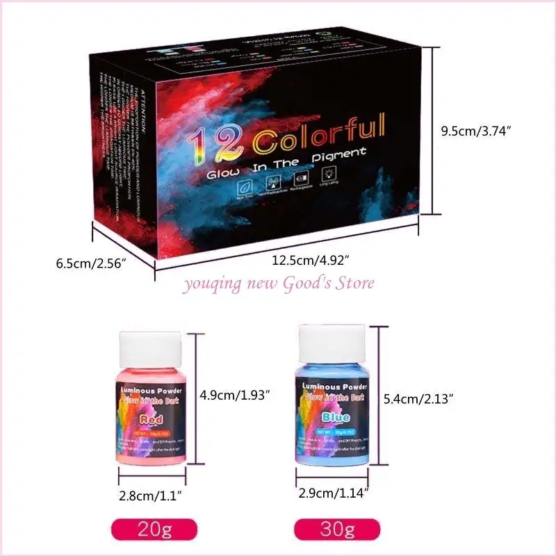 57QA 12 لون مسحوق مضيء يتوهج في الظلام مسحوق صباغة للراتنج الفن الوحل مسمار الفن الاكريليك الطلاء وصنع الحرف اليدوية
