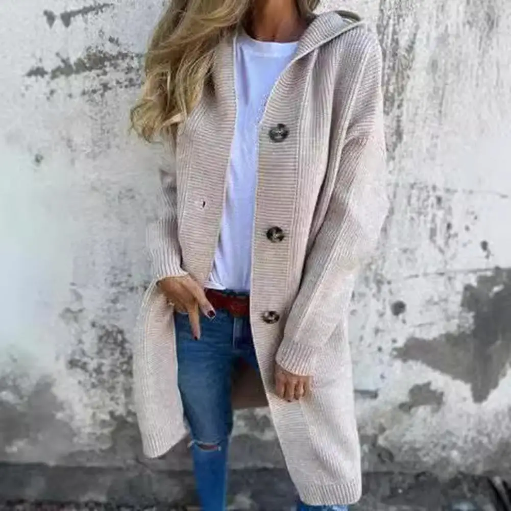 Warm Knitted Jacket Stylish Women's Knitted Cardigan with Hood Pockets Long Sleeve Single Breasted Sweater Coat in for Fall