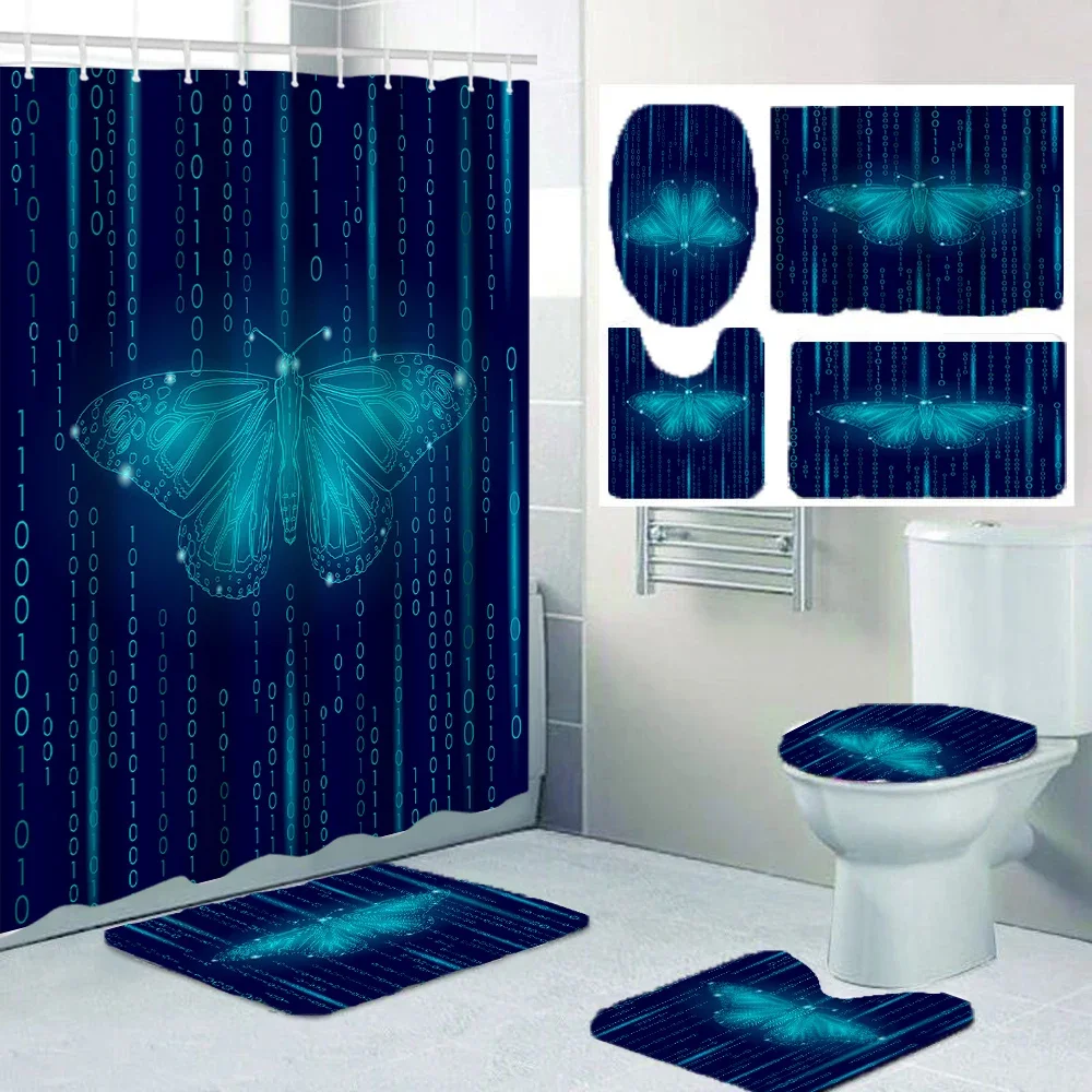 

1/4 Technology Butterfly shower Curtains, Toilet Seat Decoration, Shower Curtain with Carpet and Toilet Lid, 12 70.8x70.8 inch H