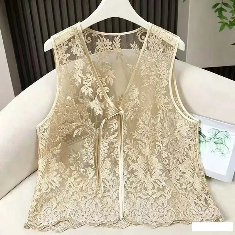 Champagne Embroidered New Chinese Summer Women's Vest New Thin Vest French Women's Vest Meat Covering Artifact