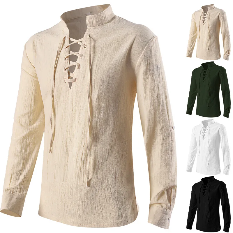 

Gothic Mens Shirt Long Sleeve Stand Collar Ruffled Necktie Blouse Pleated Cuff Stage Performance Top