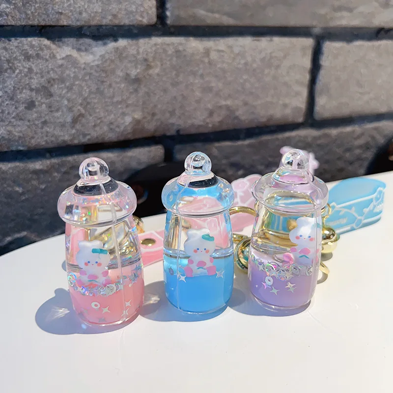 New Feeding Bottle Rabbit Doll Oil Quicksand Drift Bottle Keychain Female Lovely Bag Ornaments Little Creative Gifts