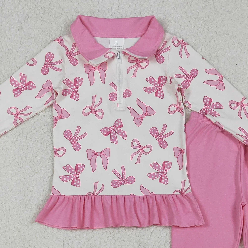 الجملة طفل الفتيات الوردي الانحناء سستة البلوز الأعلى كشكش يغطي الرجل بانت الخريف الملابس مجموعات الاطفال الرضع طفل لطيف الزي ارتداء