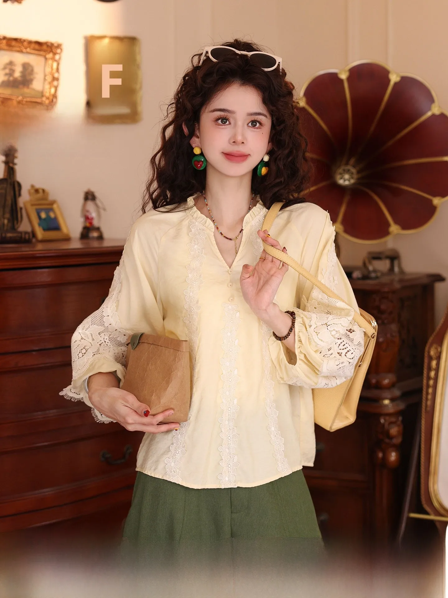 

Женская блузка Puffy Clouds Unique Long Sve с вышитой нашивкой, универсальный топ для ранней весны, винтажный стиль, свободный крой, кружевная ткань