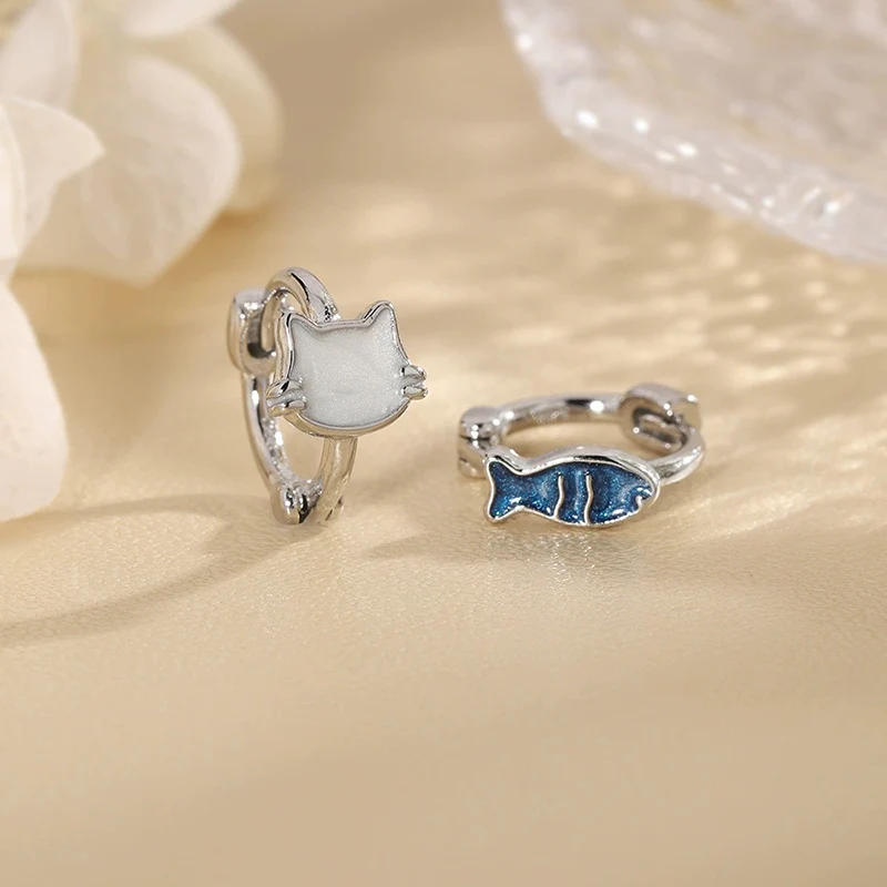Blue White Cat Fish Ear Buckle Cute New Style Earrings with Ocean Theme Ear Jewelry Asymmetric Earrings For Women KOFSAC view 5