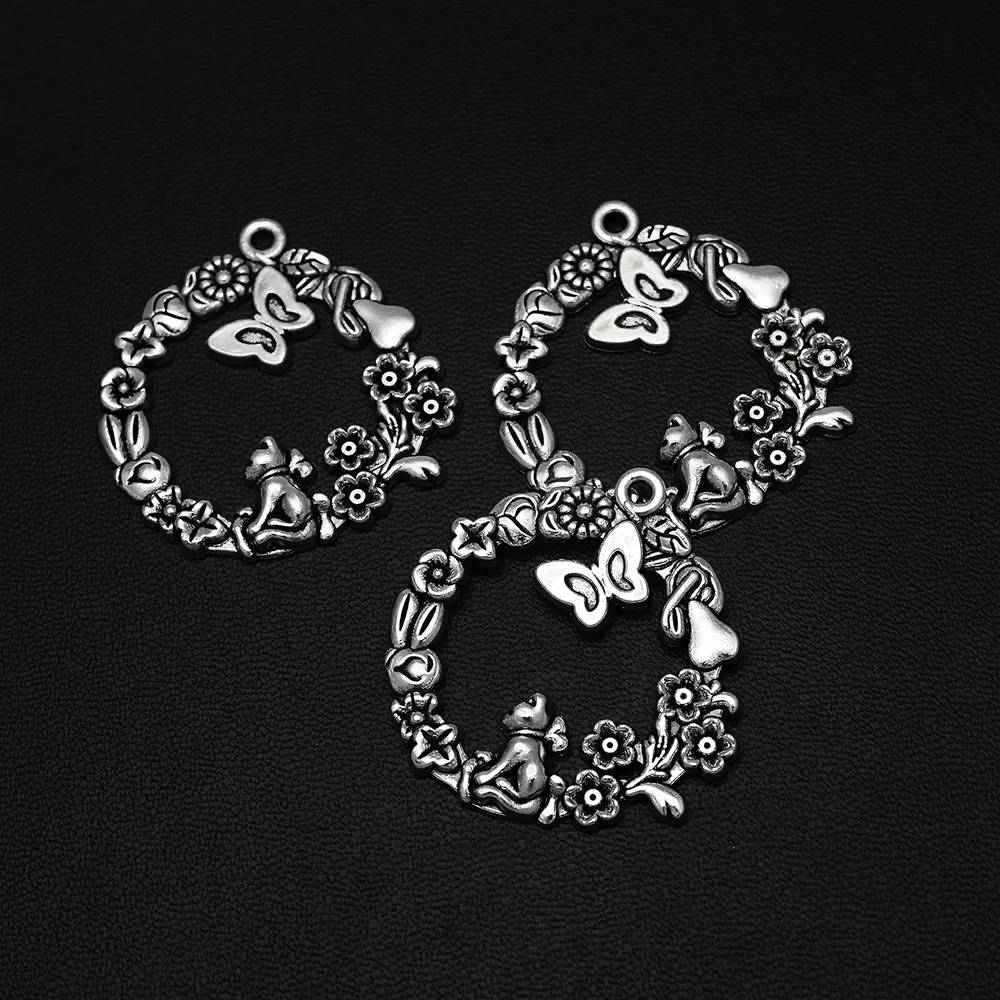5pcs/lot--34x33mm Antique Silver Plated Garland Cat Butterfly Charms Pendant For Diy Jewelry Making Finding Supplies Accessories