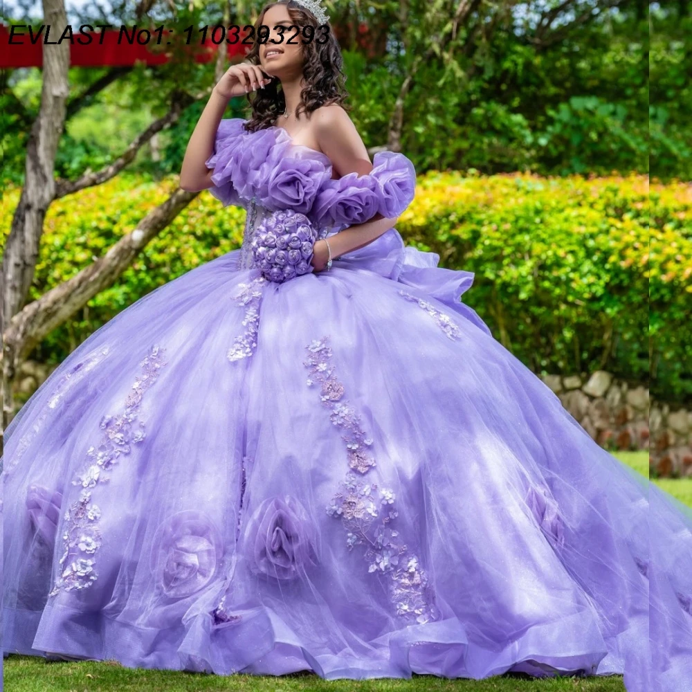 

EVLAST индивидуальное сиреневое бальное платье Quinceanera, блестящая цветочная аппликация, бисер, многоуровневое сладкое платье 16, Vestidos De 15 Anos E1QN160