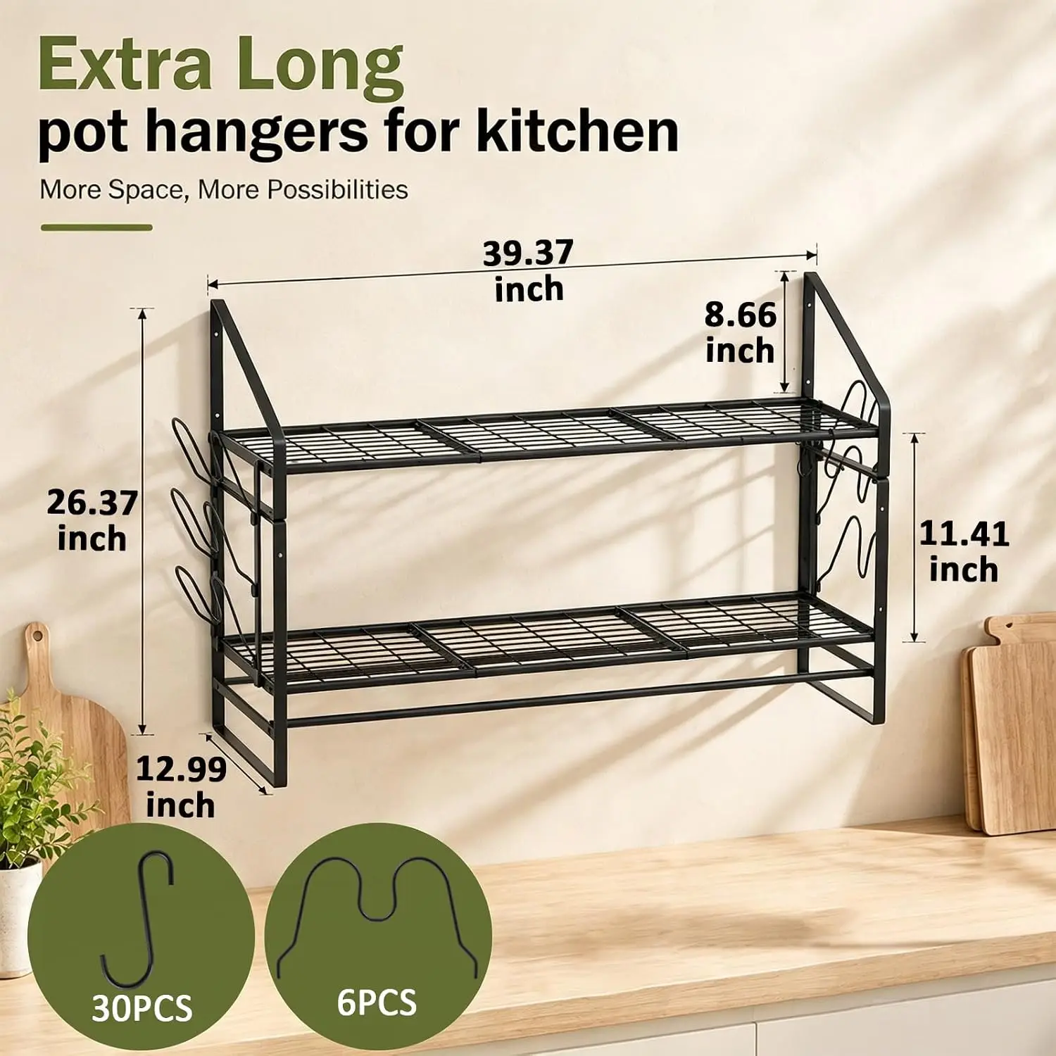 2-Tier Wall-Mounted Pot and Pan Rack, Extra-Large Heavy-Duty Design, 39.4 Inches