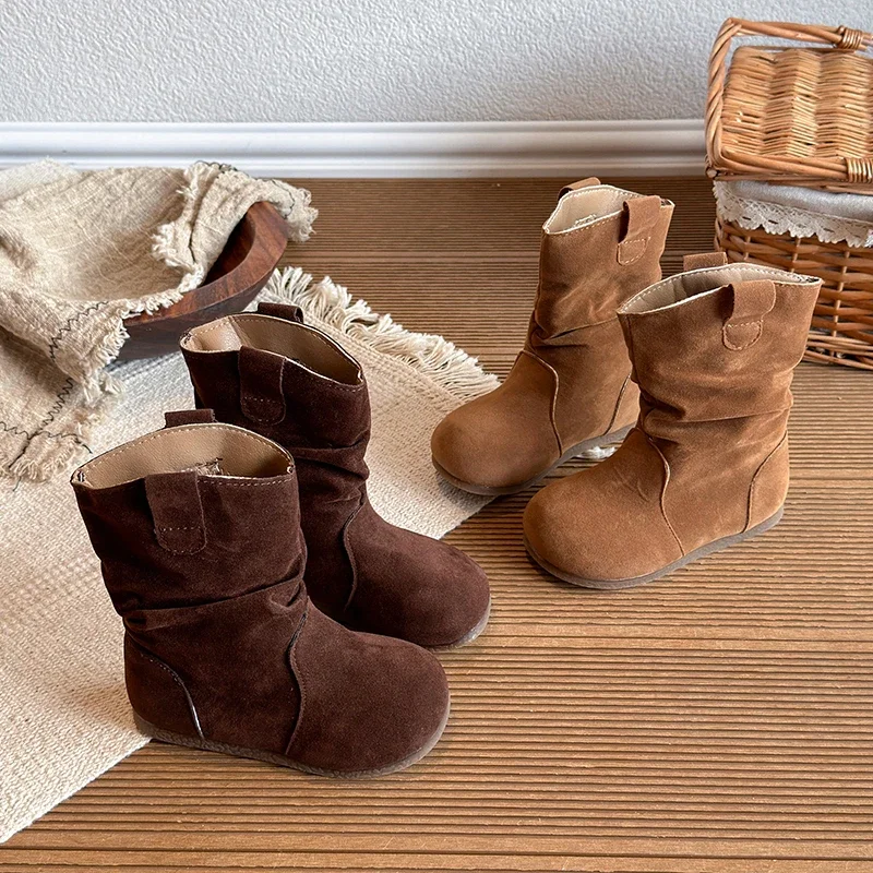 Kids Girls Stacked Mid Boots Faux Suede Slouch Design Flexible Flat Sole Autumn Winter Children Daily Wear Dress Boots