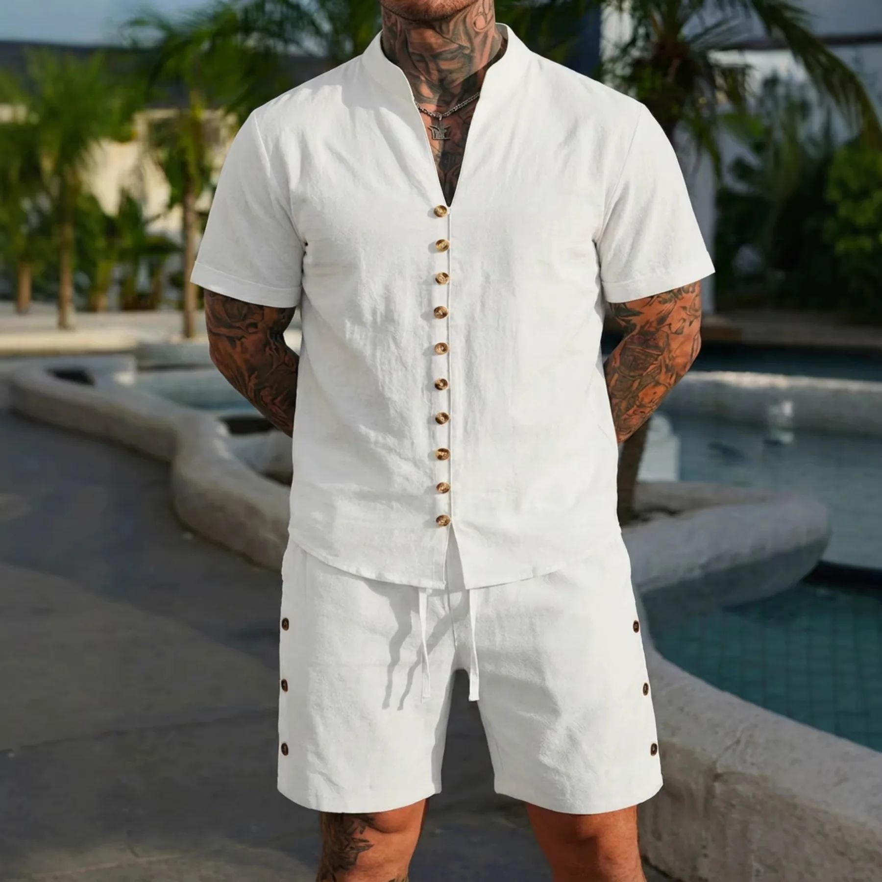 High-quality Summer Stand-up Collar Short-sleeved Shirt Set - Stylish and Handsome Men's Casual Sports Outfit