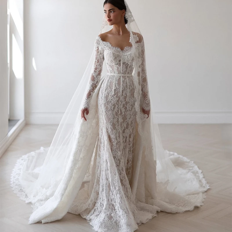 

Charming Detachable Train Wedding Dress Fullembroidery Lace Mermaid Ball Gown Full Sleeve O-Neck Customized Bride Rochii Mireasa
