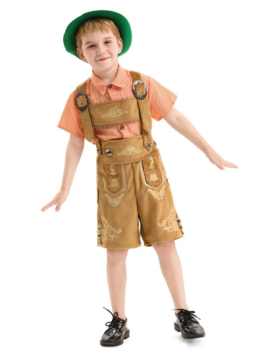 Recién llegado, conjunto de dos piezas con irt y monos a cuadros para niños, traje de Festival de Halloween y cerveza, Material de poliéster y algodón