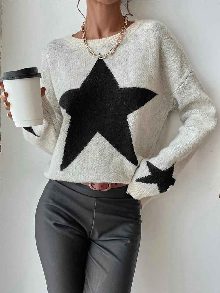 

Star Print Pullover Women Autumn Winter Knitted Sweater Female Soft Long Sleeve O Neck Pullovers Ladies Vintage Casual Jumpers