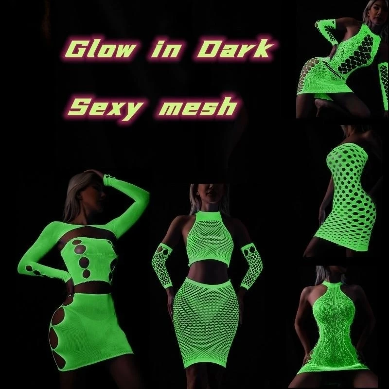 Sexy Bodysuit Glow in Dark Porno Women Erotic Lingerie Babydoll Plus Size Sexy Costumes for Women Luminous Mesh for Sex Dresses