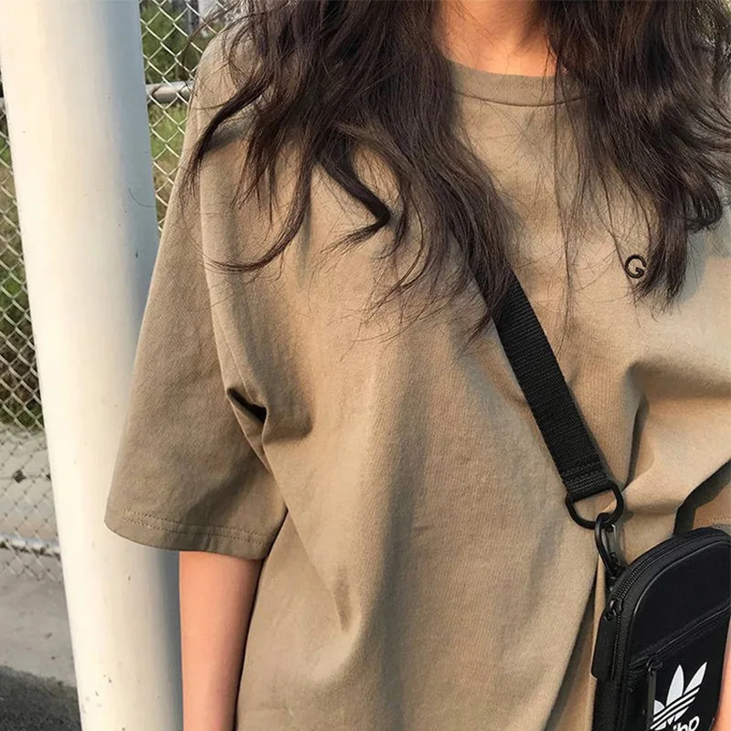 2024 Summer short-sleeved T-shirt new military green khaki letters student fashion women Slim loose tops