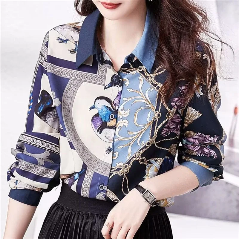 

Высококачественные рубашки для женщин, осень 2022, новые топы, стильный саржевый кардиган с длинными рукавами и принтом в стиле ретро