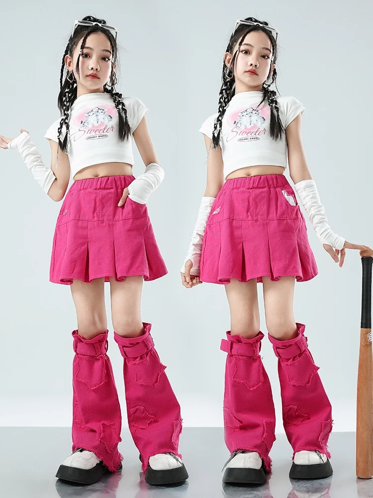 

Girls Jazz Dance Clothes Kpop Navel Tops Pink Skirt Cheerlead Dance Costume Kids Hip Hop Modern Dance Performance Suit BL12583