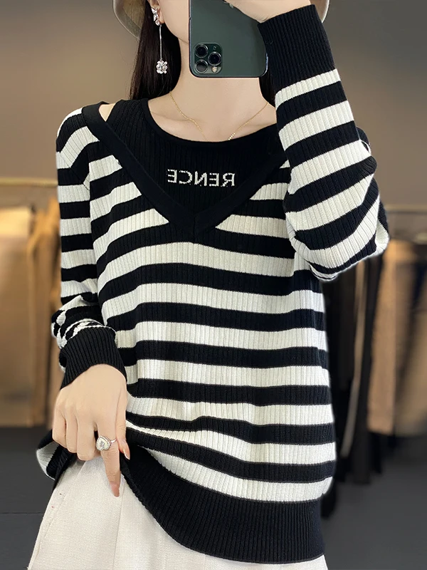 الكورية Sle التخسيس مخطط طويل Sve محبوك قاعدة المحملة المرأة ربيع الخريف حجم كبير غطاء البطن أعلى الفرنسية Sle متوسطة...