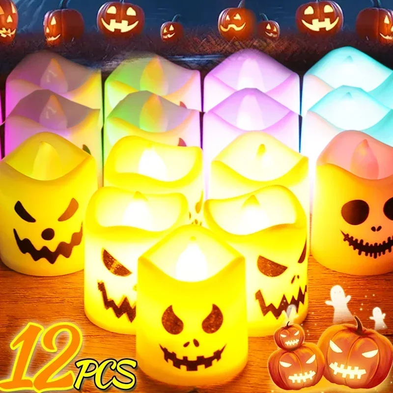 6/12PCS Halloween LED Electonic Candles Horror Ghost Pumpkin Colorful Warm Light Halloween Party Bar Atmosphere Decoration Props