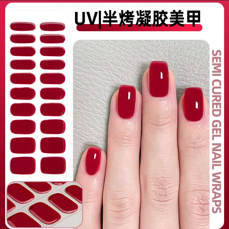 

20Tips Solid Semi-cured Gel Nail Sticker UV Lamp Needed Full Cover Nail Gel Polish Wraps Manicure Press on Nails Decal UV Gel