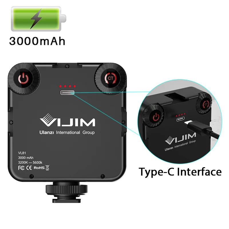 Ulanzi VIJIM VL81 3200k-5600K 850LM 6.5W Dimmable Mini LED Video Light Smartphone SLR Camera Rechargable Vlog Fill Light