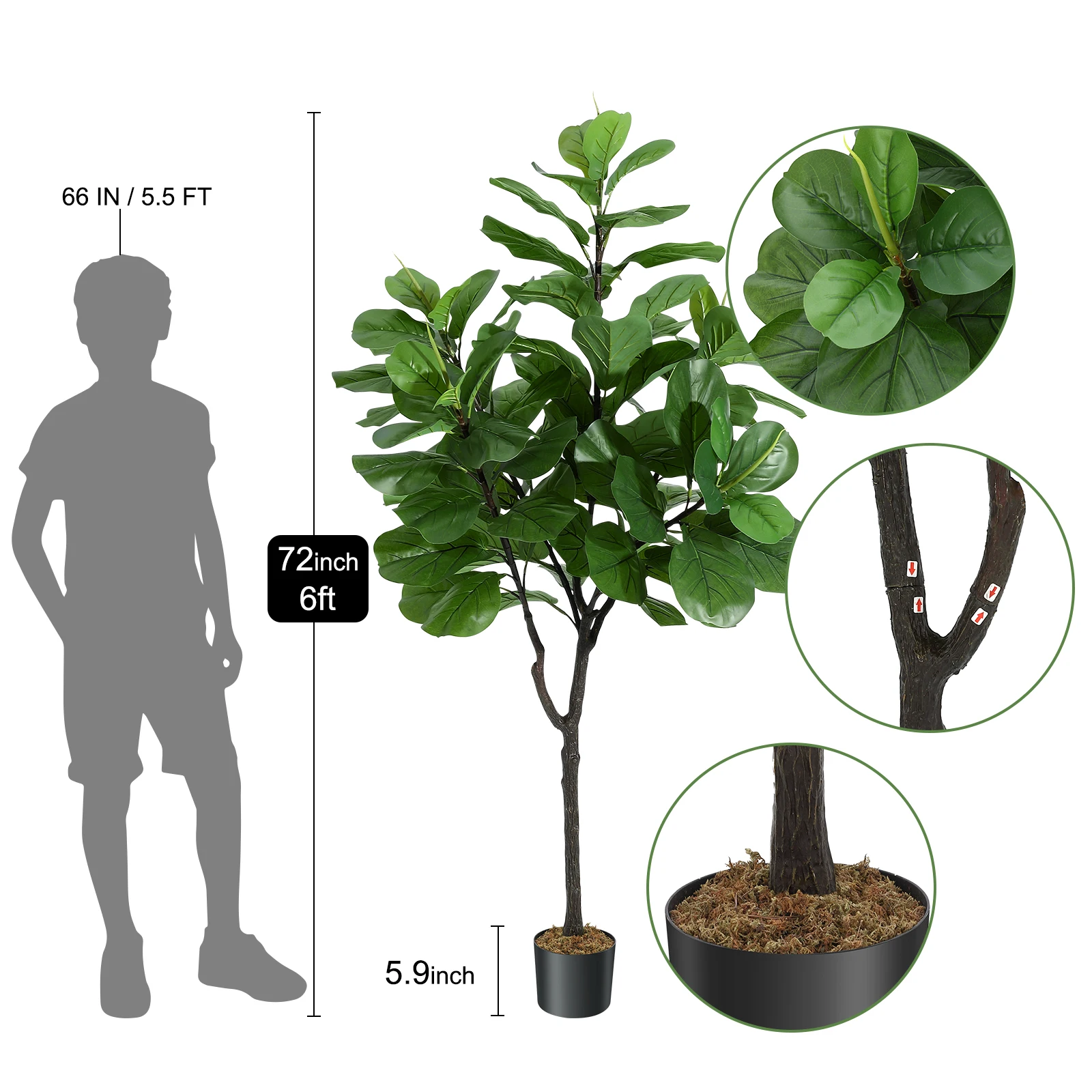 Artificial Fiddle Leaf Fig Tree 6ft Tall Fiddle Leaves Artificial Ficus Lyrata for Home Decoration  Plants with Pot, 1 Pack