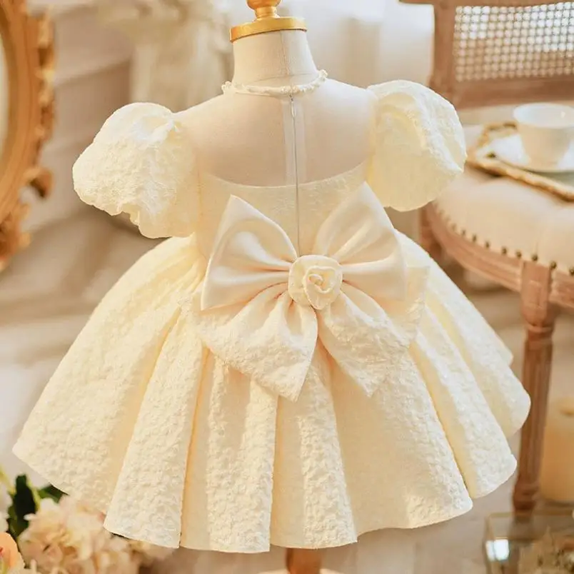 High-End Children's Princess Evening Gown Bow Bead Puff Sleeve Design Birthday Baptism Party Easter Eid Dresses For Girls A2819