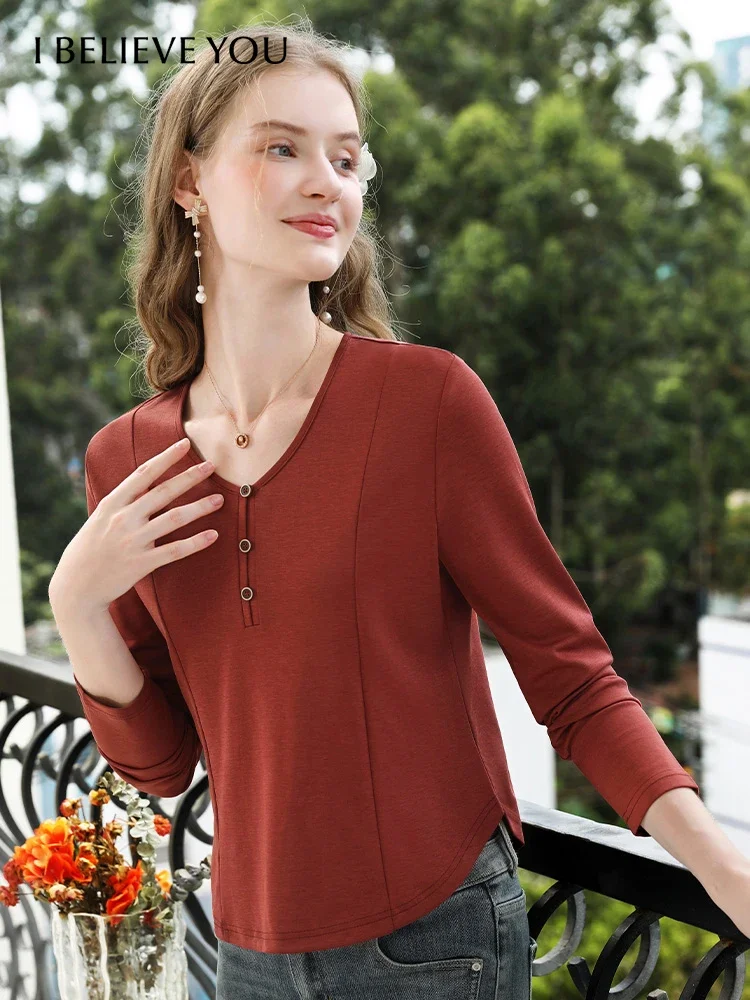 I BELIEVE YOU Fall Clothes 2024 Women Knitted Shirt Red T Shirt Soild Casual V-neck Office Lady Long Sleeve Tops 2243055898